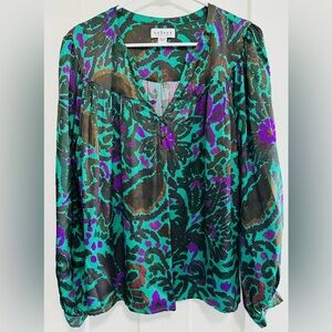 Velvet by Graham & Spencer Abstract Print Satin Peasant Blouse Size M Jewel Tone